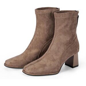 Women's Square Toe Ankle Chestnut Boot Faux Suede Low Brown Heel Chelsea Shoes